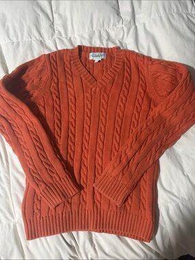 Boys Cable-Knit V-Neck Sweater in Rust Orange, 8Y